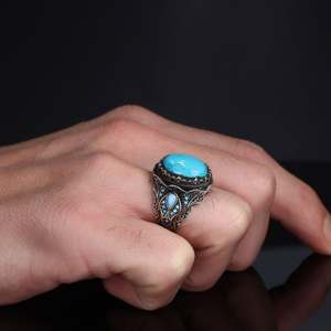 Anillo de Hombre de Plata de Ley 925 de Alta Calidad, Estilo Otomano, Joyería de Moda, Piedra Natural, Ágata Yamen, Hecho en Turquía, Azuris - Product Image 3