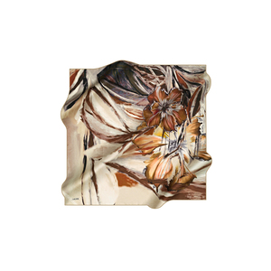 Vintage Floral Silk Scarf-Beige Square Crepe Satin Digital Print Designer Pattern - Product Image 1