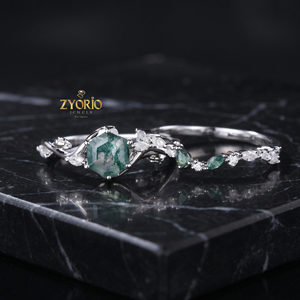 Anillo de Compromiso Hexagonal de Ágata Musgosa Natural, Juego de Anillos de Boda de Oro Sólido de 18K con Diseño de Hoja Inspirado en la Naturaleza para Mujer - Product Image 1