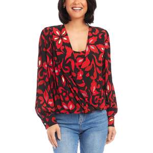 เสื้อครอสโอเวอร์สีแดงของแคร์น คาเน่พิมพ์ลายดอกไม้ ทำจากผ้าชีฟอง - Product Image 1