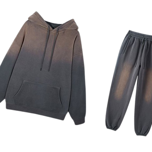 Brown Grey Acid Washed Hoodie Tracksuit Men <b>Vintage</b> Fleece Pullover <b>Sweatshirt</b> Jogger Pants Set Minimal Streetwear Winter Outfit - Product Image 2