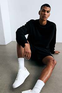 Noir chiné Bland manches longues côtelé sweat T-Shirt support épaule tombante coupe ample veste d'hiver en coton Polyester - Product Image 5