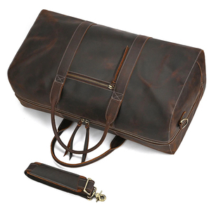 Genuine Leather Lightweight Vintage Waterproof Foldable Portable <b>Duffel</b> <b>Bag</b> Weekender Travel <b>Bag</b> Zipper Closure Detachable Strap - Product Image 1