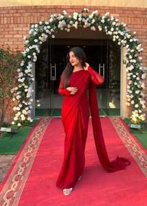 Sari en polyester géorgette traditionnel de designer haut de gamme pour femmes, long, jusqu'au sol, pour les fêtes, design moderne, festivals, mariages - Product Image 4