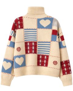 Customized Premium Women Turtleneck Patchwork Knit Sweater Soft Warm Oversized Winter Pullover Casual Fashion Top <b>Red</b> Blue Color - Product Image 2