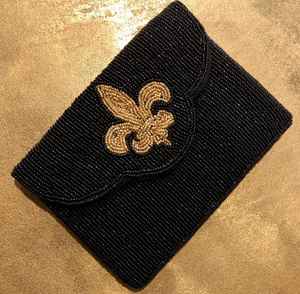 Premium Mini Clutch Evening Party Black Beaded Envelope Shape Classic Gold Fleur De Lis Detachable Chain Available Bulk Discount - Product Image 2