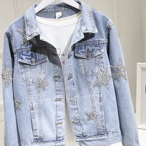 Abrigo vaquero azul claro a la moda de alta calidad, chaqueta de mujer personalizada, chaqueta vaquera con estampado de cinco estrellas bordada con precio barato - Product Image 2