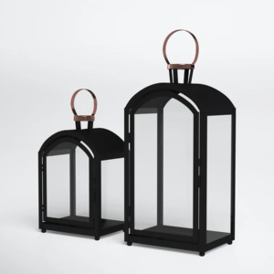 Moderno doble tono negro hierro/SS/latón hecho a mano troquelado portavelas linterna con tarro de madera para el hogar boda decoración de Navidad - Product Image 1