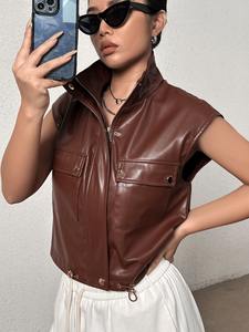 Femmes Slim Fit Vintage Club équitation Biker gilet col montant décontracté en cuir véritable automne hiver Varsity veste teint - Product Image 4