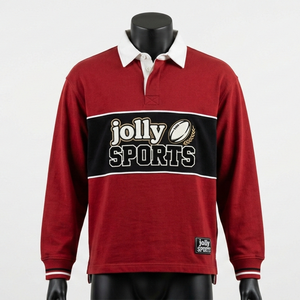 เสื้อรักบี้ชาย ผ้าคอตตอนผสมโพลีเอสเตอร์คุณภาพพรีเมียม สีแดงตัวเสื้อ แผงหน้าอกสีดำ คอเสื้อพิมพ์ลายสกรีน โลโก้สั่งทำได้ เสื้อรักบี้ชายสำหรับเสื้อโปโล - Product Image 3