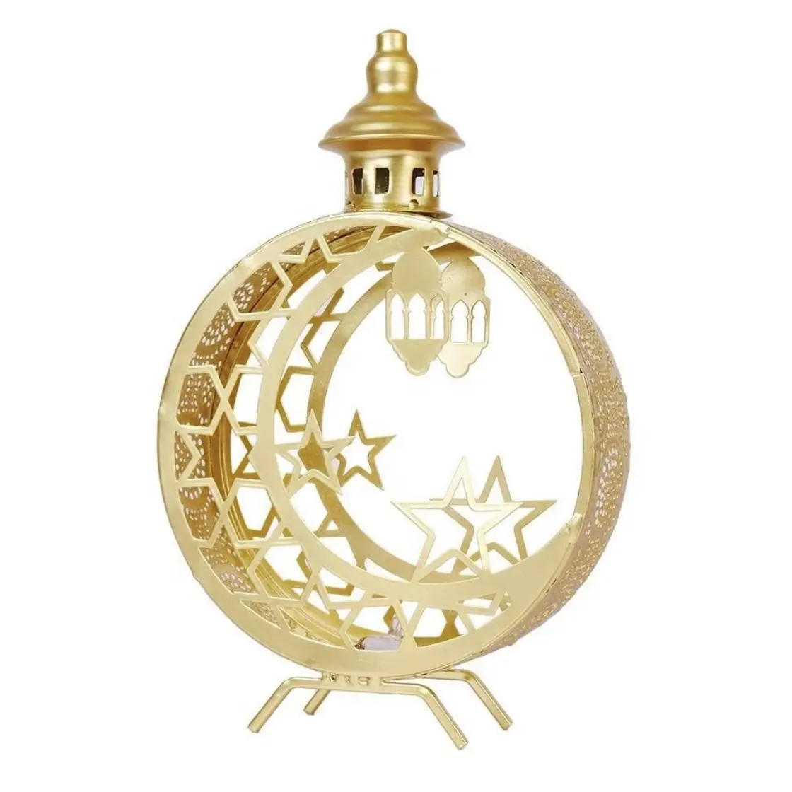 Venta caliente de fábrica Ramadán decorativo Metal dorado marroquí vela linterna forma redonda lunas y estrella Eid linterna