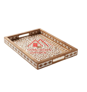 Bandeja para servir comida de madera tallada a mano con incrustaciones de hueso - Product Image 1