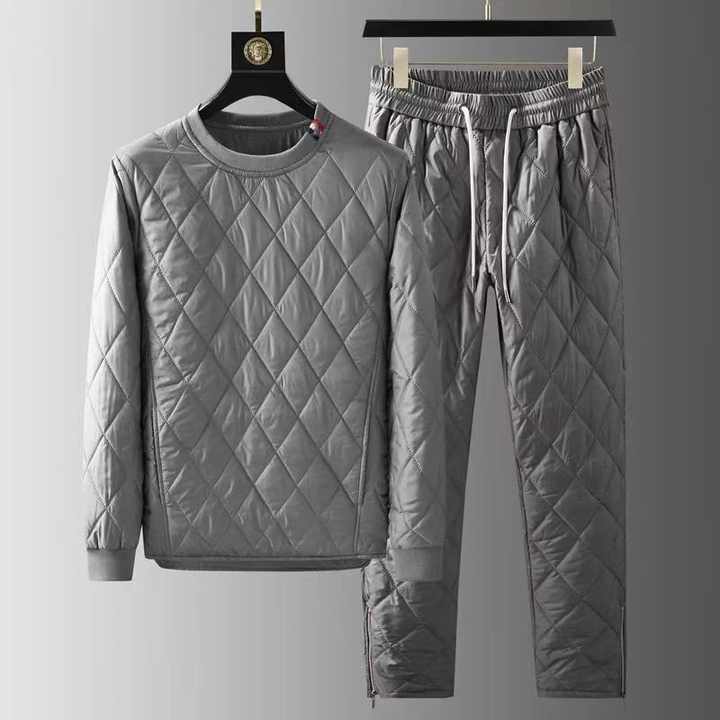 Autumn Winter Men's Two-piece Set O-neck Pullover Cotton Coat Pants Men Pajamas Geometric Patter Warm Thicke Suit Male Outfits