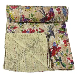 De algodón Kantha colcha hecho a mano Kantha colcha bloque impreso Kantha edredón doble tamaño 90x60 pulgadas, 100% de algodón y 100% de algodón para adultos