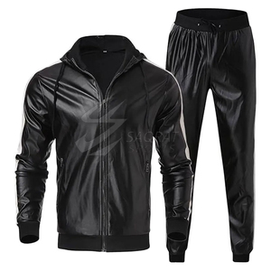 Ensemble coordonné de luxe en cuir véritable pour homme : veste streetwear et pantalon de jogging, survêtement tendance doublé polaire coupe-vent - Product Image 5