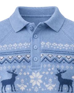 Suéter Polo de Punto de Lana Azul Cielo para Hombre, Personalizado por el Fabricante, Invierno, Manga Larga, Patrón Nórdico, Cuello con Botones, Cálido, Informal - Product Image 5