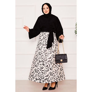 Conjunto de 2 Piezas en Crepé Negro con Cinturón Incorporado, Mangas Anchas, Top con Cuello Asimétrico y Falda - Talla XS - Product Image 1