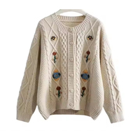 Pull en tricot brodé pour femme, décontracté, automne-hiver, manches longues, épaules tombantes, col rond, 100% coton, séchage rapide, boutonné