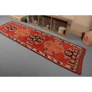 Turkish Vintage Eco-Friendly Latex Backing Rug 3.1x10.5 ft Herki Rug <b>Red</b> Blue Patchwork <b>Wool</b> Rug with Medium Pile - Product Image 3
