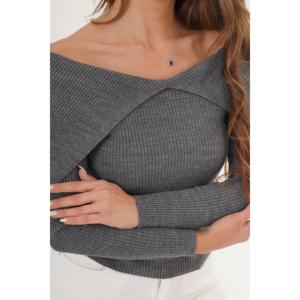 Pull en tricot anthracite pour femme avec col châle, disponible en gros - Product Image 1