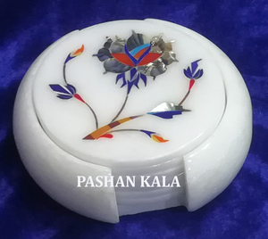 Unique Design Pure White Marble Inlay Round Shape Tea <b>Coaster</b> <b>Set</b> for Home Decoration and Business Gifted Purpose in Best Price. - Product Image 2