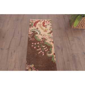 Turkish Rug, 1.6x9.8 ft Vintage Rug, <b>Brown</b> Check <b>Wool</b> Rug - Product Image 4