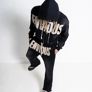 Ensemble de survêtement personnalisé pour hommes, avec doublure en polaire 100% coton, survêtement, jogging, appliqué avec patch vieilli, ourlet brut - Product Image 4