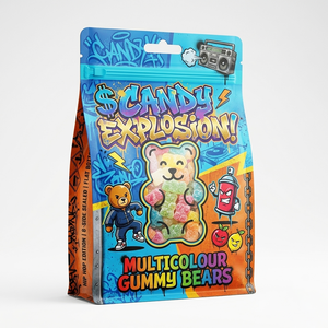 Sacchetto Mylar Personalizzato con Fondo Piatto per Confezionamento Caramelle, Finitura Opaca, Antiodore, Chiusura su Otto Lati con Cerniera - Product Image 3