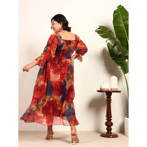 Deebaco Women's Plus <b>Size</b> Chiffon Floral Print Bohemian Tea-Length <b>Dress</b> With Lantern Sleeves And Scalloped Neckline <b>Dress</b> - Product Image 4