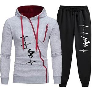 Marque hommes décontracté fermeture éclair hiver sport costume 100% coton veste pantalon à capuche col solide motif hiver vêtements de sport ensemble de vêtements - Product Image 6