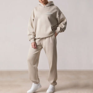 Conjunto de sudadera con capucha de gran tamaño de lana de algodón suave de primera calidad, ropa de calle personalizada para mujer, conjunto de sudaderas con capucha y joggers con serigrafía - Product Image 2