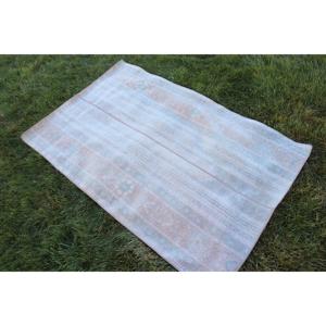 Alfombra Turca Vintage de 3.1x4.8 pies (93x146 cm), Alfombra Blanca y Azul Sólida - Product Image 2