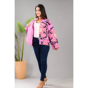 Pink Flower Embroidery <b>Reversible</b> <b>Jacket</b> for Ladies Customizable Logo Quilted Boho Outerwear for Spring Autumn Short Winter Coat - Product Image 5