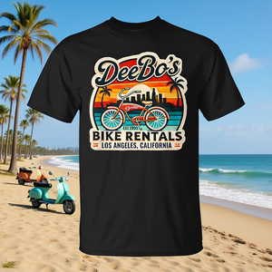 T-shirt con grafica promozionale a tema pop culture anni '90 di Deebo, Beach Cruisers Bike Rentals - Product Image 3