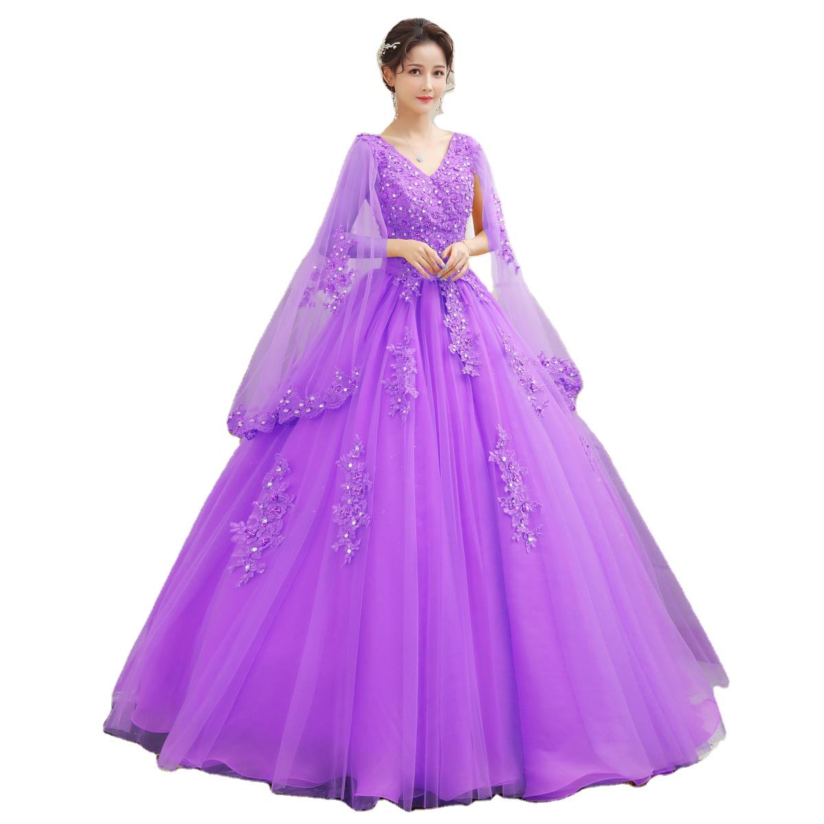 French Puff Sleeve Bride Dress Wedding Dresses Long Sexy V Neck High Slit Slim Satin White Wedding Dress Evening Party For Women