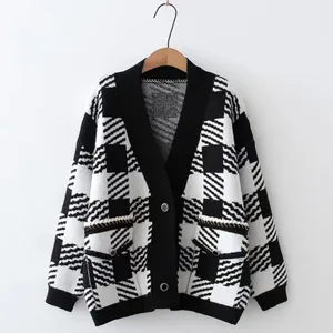 New design Checked Cardigan Sweater For Women's Breathable women's Cardigan Knitted Sweaters custom color and size Wholesale