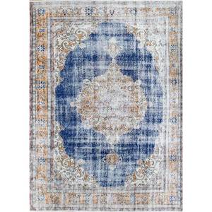 Tapis en laine bleu vintage noué à la main pour la maison - Motif médaillon rectangulaire abstrait pour entrée, couloir, salon, adolescents - Product Image 1