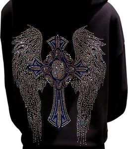 Opulent Multicolore Strass Croix Ailes d'Ange Unisexe Adulte Noir Zipper Hoodie à capuche dispose d'un design luxueux col zippé - Product Image 5
