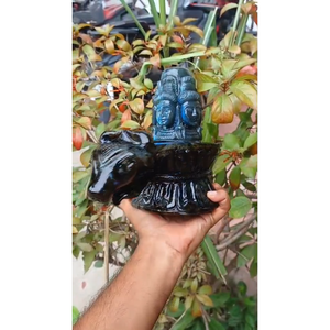 Magnificent Flashy Labradorite Five-Faced Panchamukhi <b>Shivling</b> with Nandi Cow - Product Image 3