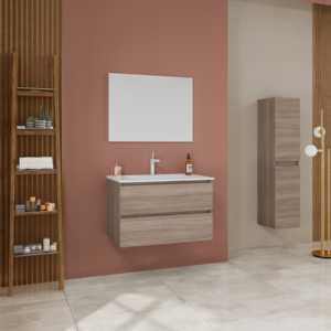 Natural Belize Oak 80cm Wall-Mounted Bathroom <b>Vanity</b> <b>Unit</b> with Two Drawers Bathroom Sets - Product Image 1