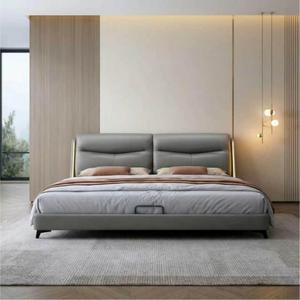 Lit minimaliste italien avec cadre LED en bois massif et cuir véritable, sommier flottant silencieux, lit Queen Size, mobilier de chambre principale - Product Image 3