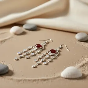 ต่างหูเงินแท้ 925 สไตล์วินเทจสำหรับผู้หญิง ประดับพลอยสีแดง ชุบทอง ประดับควอตซ์ มุก และเพชร ของขวัญเครื่องประดับสำหรับงานแต่งงาน - Product Image 2