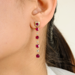 Juillet pierre de naissance faite à la main femmes cadeau 14K véritable or jaune carré rubis et diamant longues boucles d'oreilles mariage fiançailles bijoux - Product Image 6