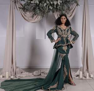 2025 @ Algérien-Veste verte bouteille traditionnelle-Karakou avec sentier avec perle de verre ornée de perles Dabka travail sur tissu de velours - Product Image 1