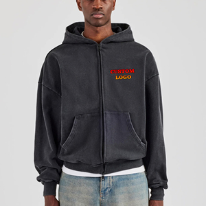 Venta al por mayor de alta calidad 350g peso pesado lavado de gran tamaño cremallera sudaderas con capucha suelta de los hombres de logotipo personalizado Hip Hop invierno 100% algodón - Product Image 6