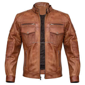 Chaqueta de cuero de motorista marrón de moda, cuello a presión, cierre de cremallera, puños abotonados, ropa de motocicleta informal OEM personalizada para invierno - Product Image 1