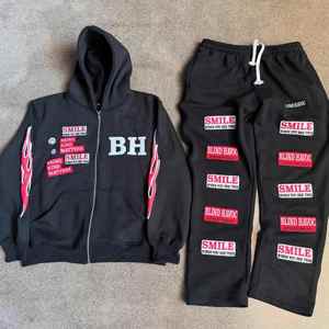 High Quality Winter Streetwear Vintage Heavyweight SweatSuit Cotton <b>Fleece</b> Embroidery Sweatpants French Terry Distressed <b>Hoodie</b> - Product Image 4