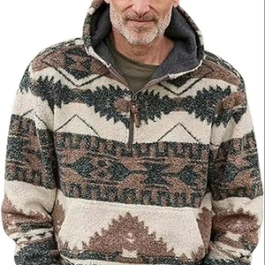 Pull-over thermique pour homme, mode hiver, à capuche, en fausse fourrure Sherpa, imprimé aztèque, polyester/coton, poche brodée, fermeture éclair 1/4 - Product Image 1