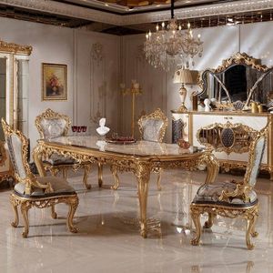 Ensemble de salle à manger en bois doré antique de style européen, 6 chaises à dossier solide, meubles durables pour la maison - Product Image 1