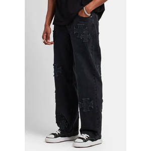Mens Relaxed Baggy Fit <b>Denim</b> Jean Pants OEM Custom Logo <b>Stretch</b> <b>Denim</b> Pants Fashion Streetwear Washed <b>Denim</b> Pants - Product Image 4